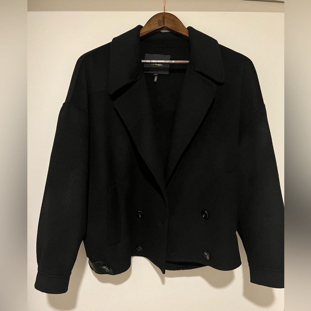 Maje Double Face and Leather Jacket Double Breasted Wool Coat
